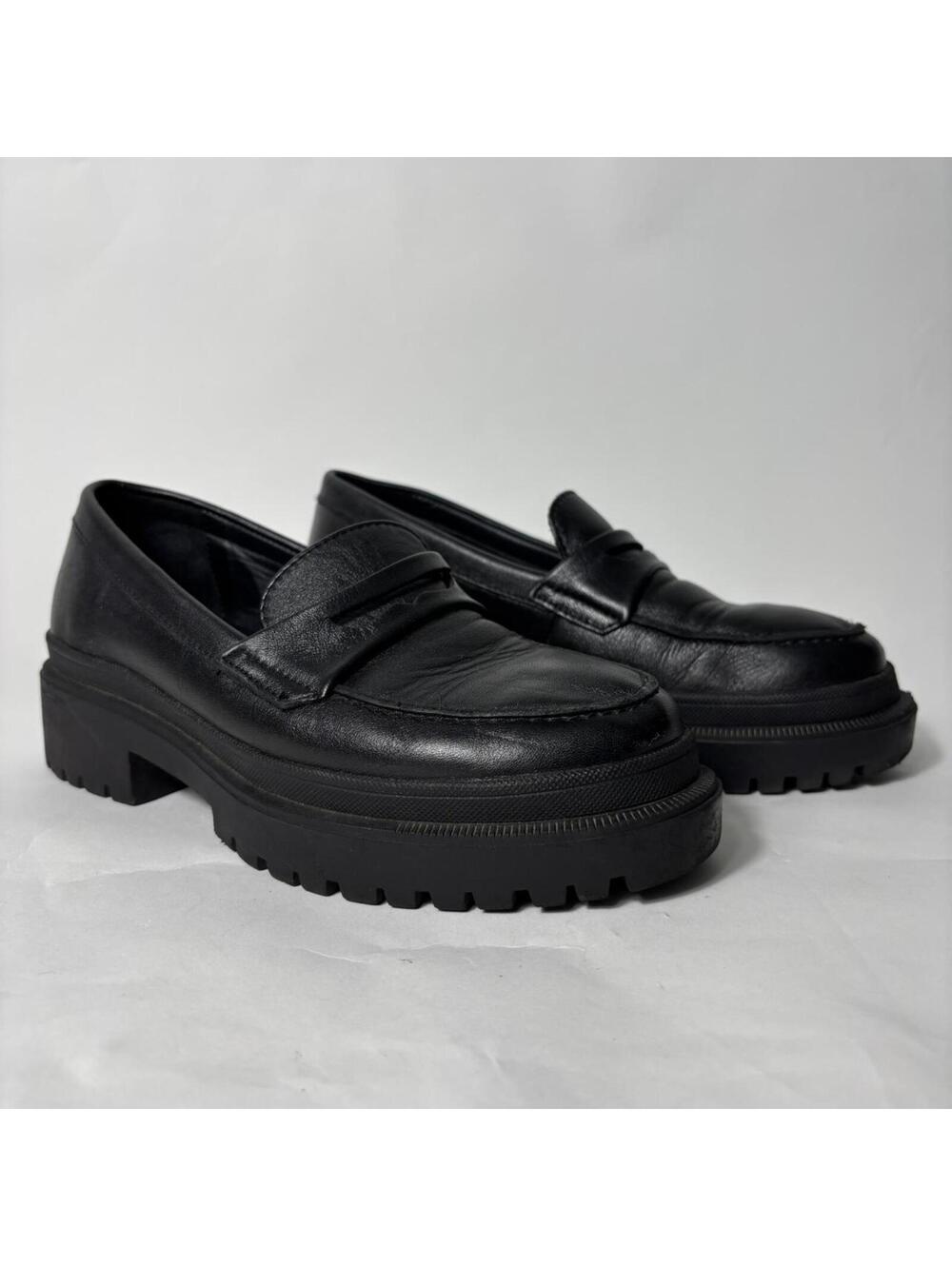 Portland Leather x Patina Black Leather Platform Loafers Lug Sole Dark Academia
